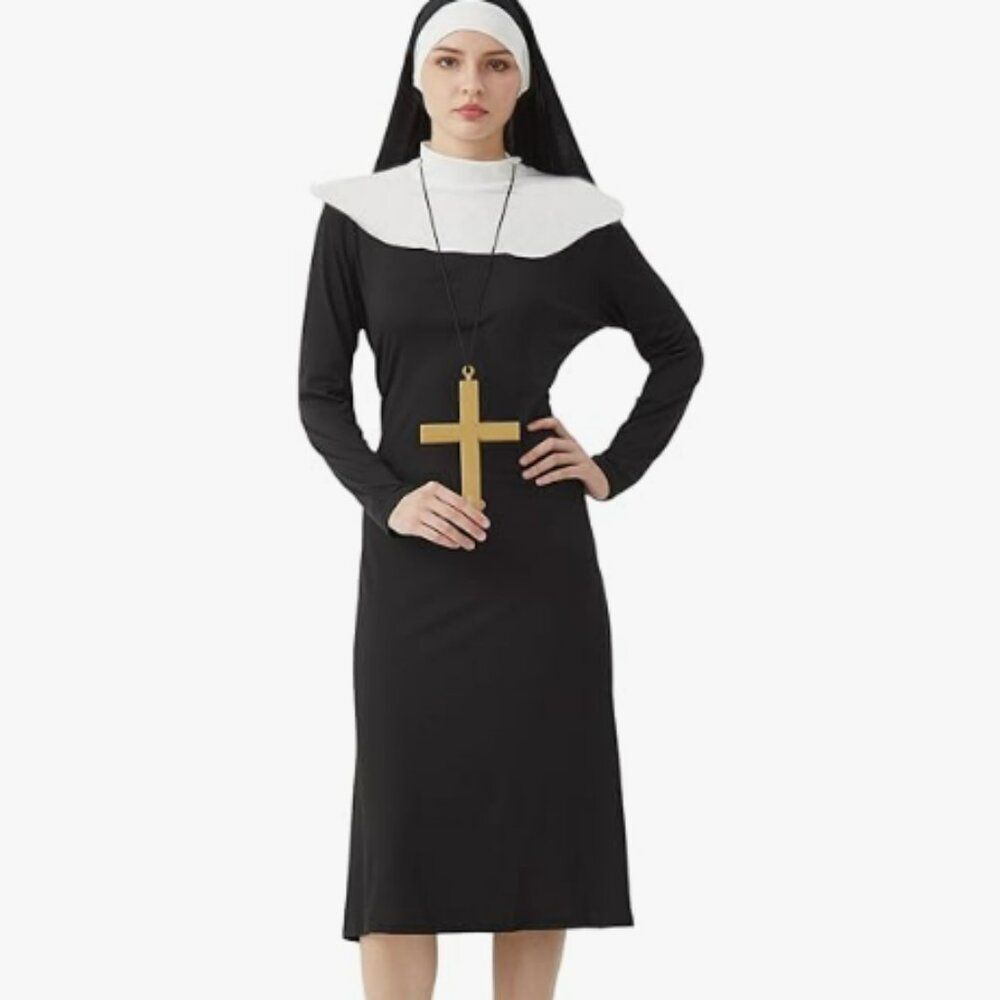 Nun Costume Dress Set Adult, Nun Outfit+Nun hat+ Cross Sz L NIP